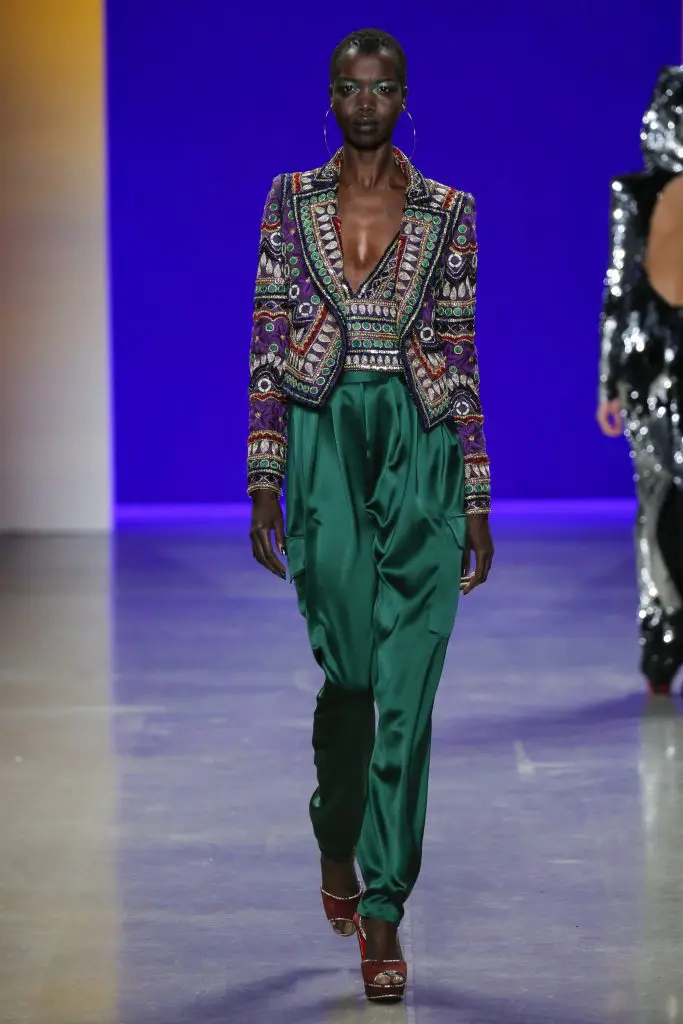 Naeem Khan embroidered jacket with matching bustier and satin pant (front view). 