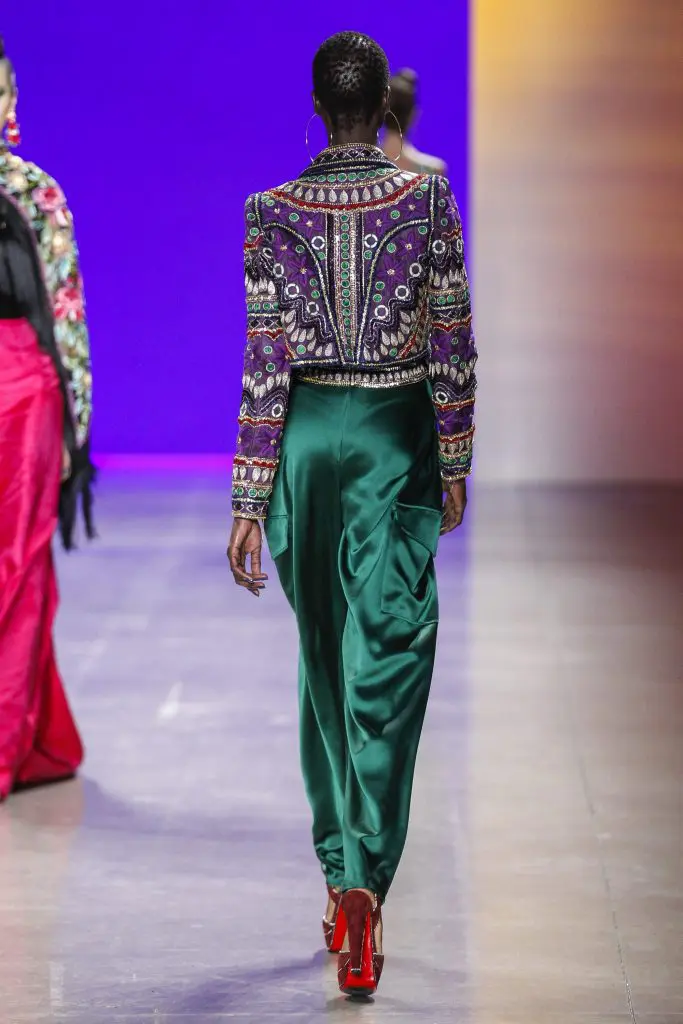 Naeem Khan embroidered jacket with matching bustier and satin pant (back view). 