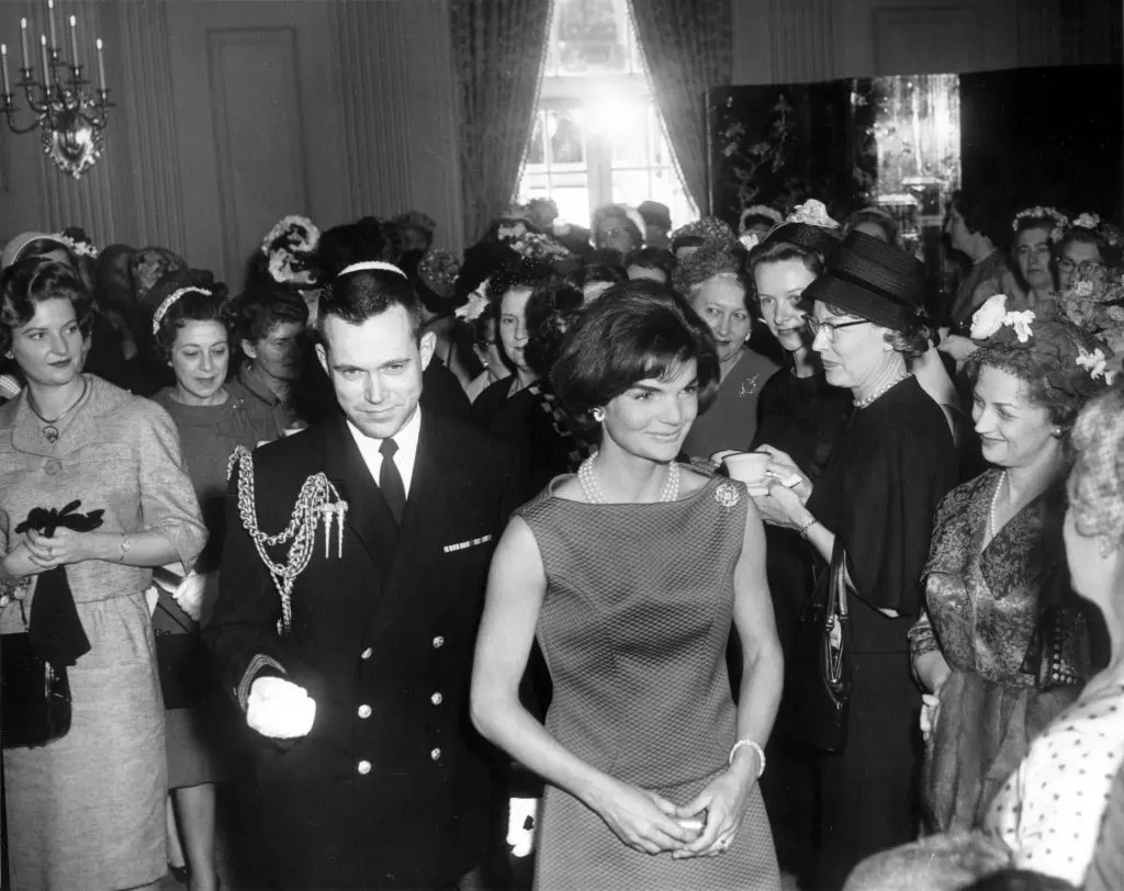 First Lady Jacqueline Kennedy greets guests before a reception for the wives of American Society of Newspaper Editors members.