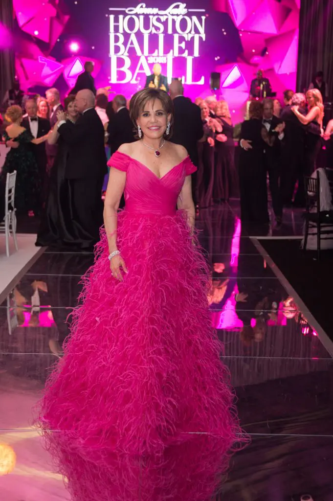 For her second act, Ballet Ball chair Hallie Vanderhider changed into an ostrich plumed gown by Monique Lhuillier, 2018 (Photo by Wilson Parish)