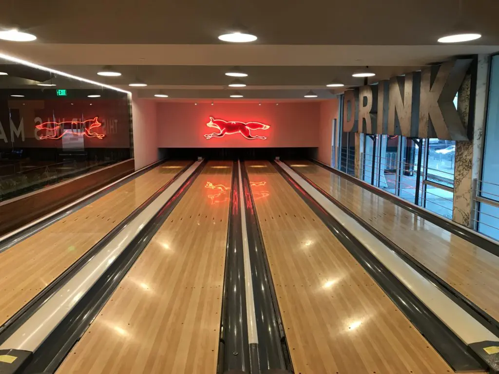 A four-lane bowling alley completes the entertainment-focused restaurant. 
