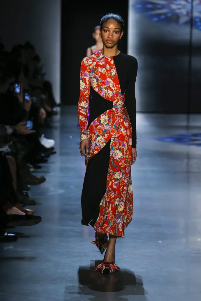 Prabal Gurung black viscose jersey dress with paprika brushstroke floral printed jersey wrap drape.