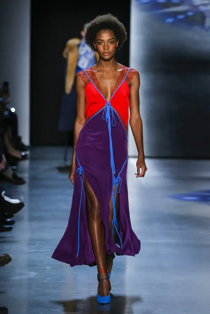 Prabal Gurung scarlet and pitaya color block V-neck dress with scarlet chantilly lace inset and azure tie detail.