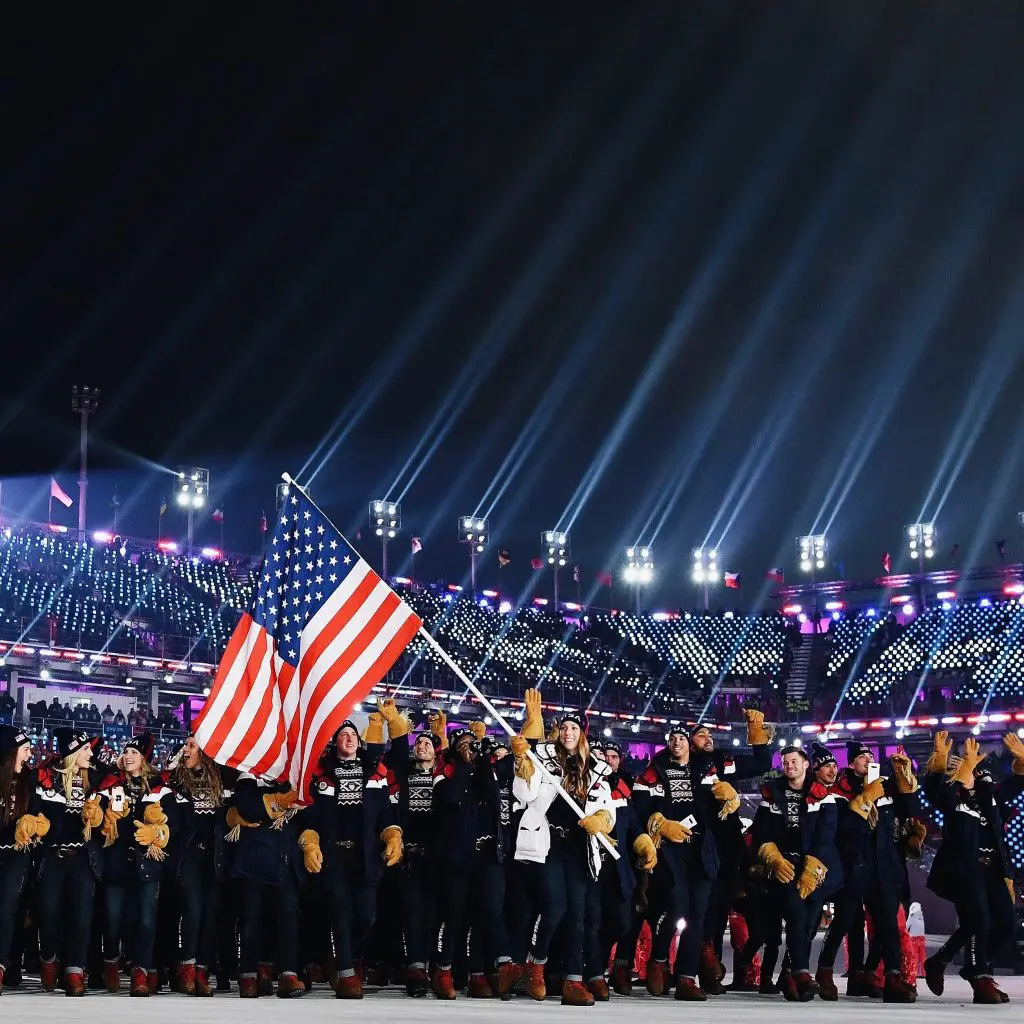 Team USA in Ralph Lauren outfits at opening of Winter Olympics in Korea. Photo by Matthias Hangst/Getty Images.
