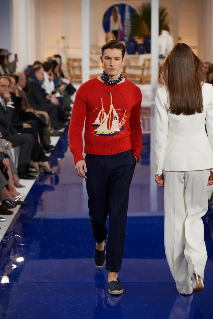 Ralph Lauren red sailboat cotton sweater, navy and white wool pinstripe pant navy and white silk scarf, navy canvas espadrille.