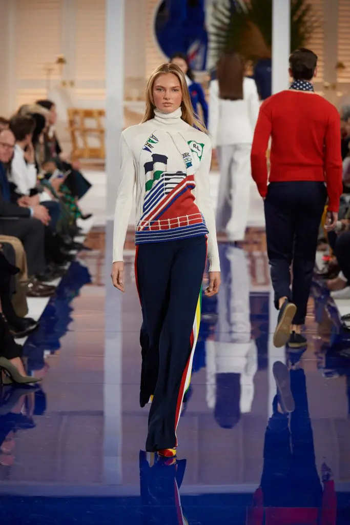 Ralph Lauren navy crepe pant, white knit silk turtleneck, yellow and red canvas pump.