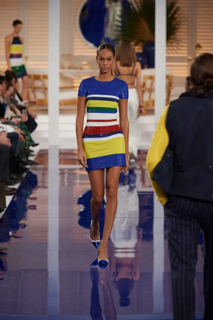 Ralph Lauren stretch beaded dress, white and royal blue canvas pump. 