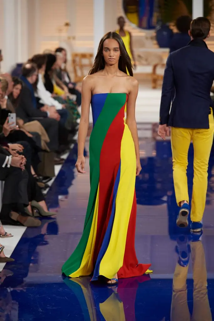 Ralph Lauren multicolor crepe evening dress, royal blue and navy calf sandal.