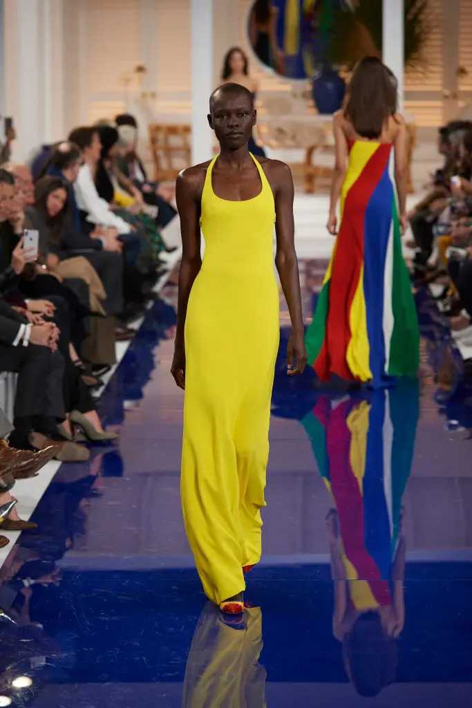 Ralph Lauren canary yellow crepe evening dress, yellow and red canvas pump. 
