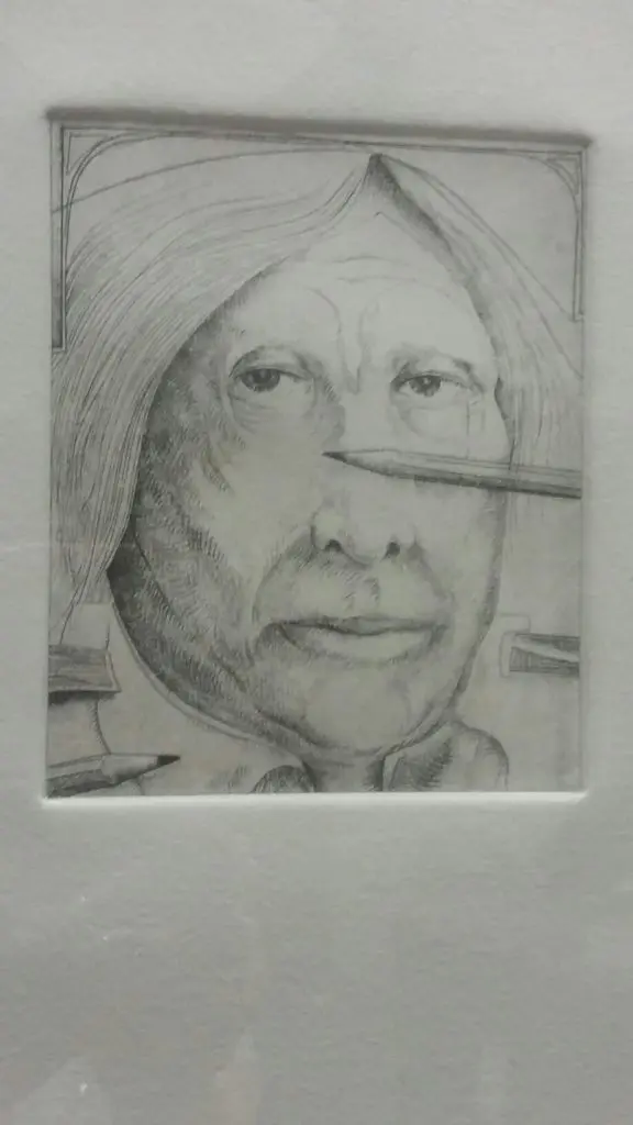 A Lucas Johnson work on paper, one of several works by the late Texas painter in the Lewis & Maese Auction of the Bart Truxillo estate. Johnson was a Heights neighbor and recipient of Texas Artist of the Year honors in 1996.