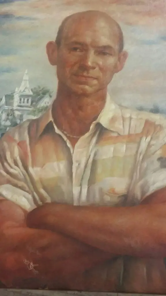 Bart Truxillo in a 2004 portrait by Chinese artist Gho Shun. In the background, the painter depicted his subject's beloved Castle residence in the Heights. This portrait as well as Truxillo's extensive collection form the basis of Lewis & Maese's auction Saturday, March 24, at noon.