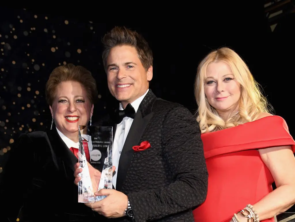 CEO & President UNICEF USA Caryl Stern, honoree and Global Philanthropist Award recipients actor Rob Lowe and designer Sheryl Lowe at the UNICEF Gala.