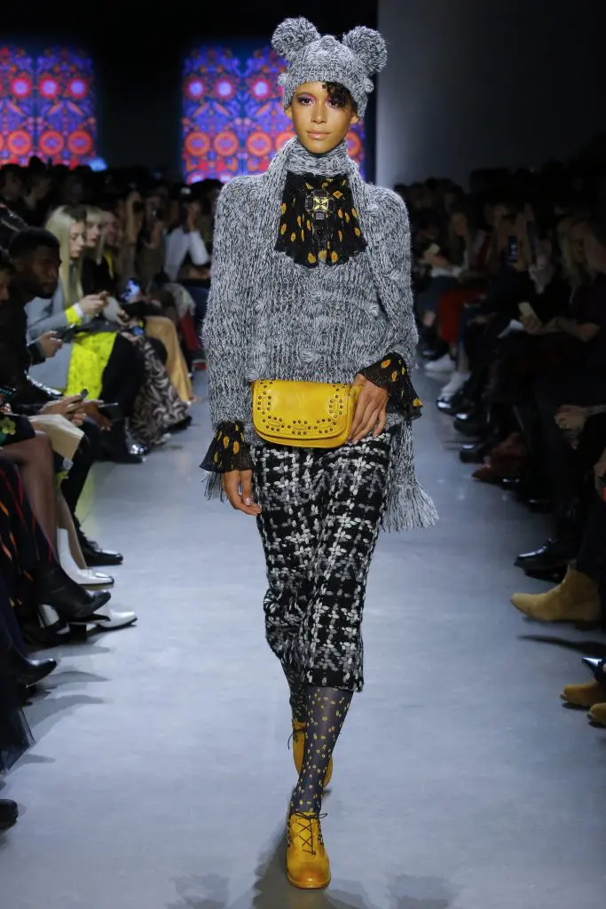 Anna Sui black/cream mohair melange sweater, sunshine multi pop bouquet crinkle chiffon top, black multi chunky tweed skirt.