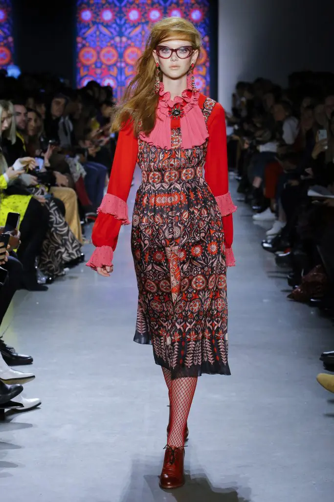 Anna Sui rouge multi "Whoo's that Pussycat?" stain stripe dress, georgette medley top.