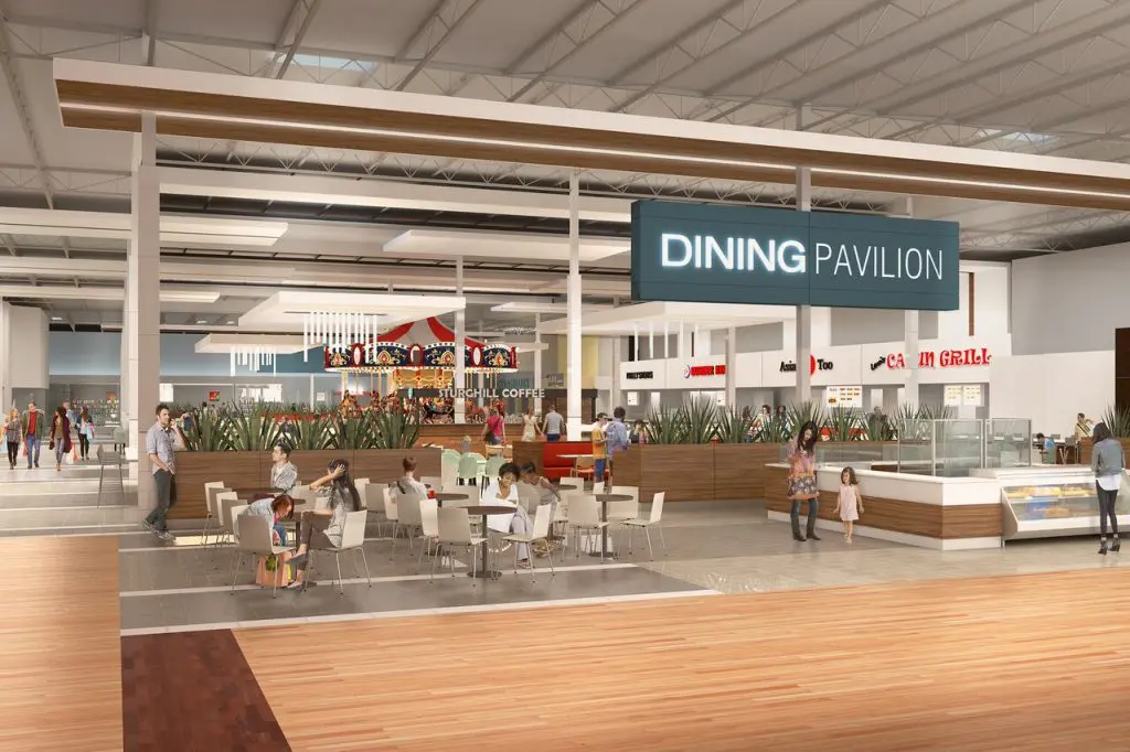The food court will be reimagined as a Dining Pavilion. (Photos courtesy of Simon Group.)