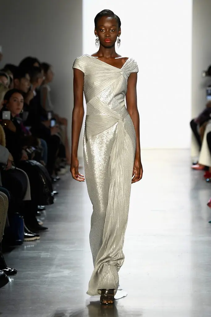 NEW YORK, NY - FEBRUARY 08:  A model walks the runway for Tadashi Shoji during New York Fashion Week: The Shows at Gallery I at Spring Studios on February 8, 2018 in New York City.  (Photo by Frazer Harrison/Getty Images for Tadashi Shoji)