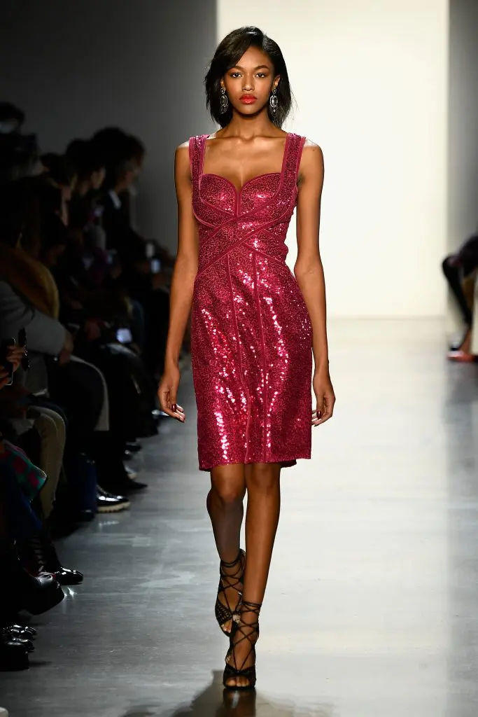 NEW YORK, NY - FEBRUARY 08:  A model walks the runway for Tadashi Shoji during New York Fashion Week: The Shows at Gallery I at Spring Studios on February 8, 2018 in New York City.  (Photo by Frazer Harrison/Getty Images for Tadashi Shoji)