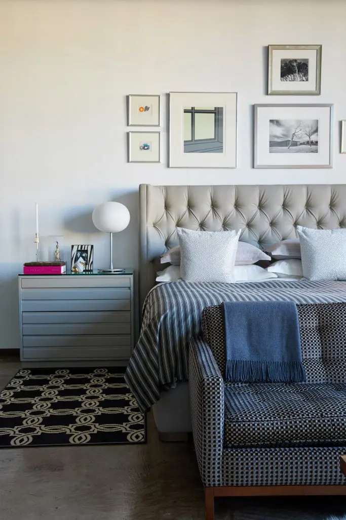 Vintage nightstands from Circa20c. Alice Cottrell-designed bed by Kisabeth.
Artwork by English painter Bernard Farmer, Patrick Caulfield, Tony Latham, Doug Brightwell.