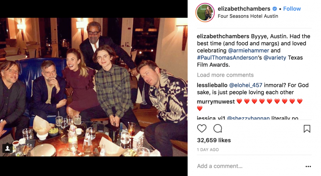 Armie Hammer and his wife Elizabeth Chambers were celebrating at The Four Seasons Hotel Bar with Oscar nominee Timothee Chalamet