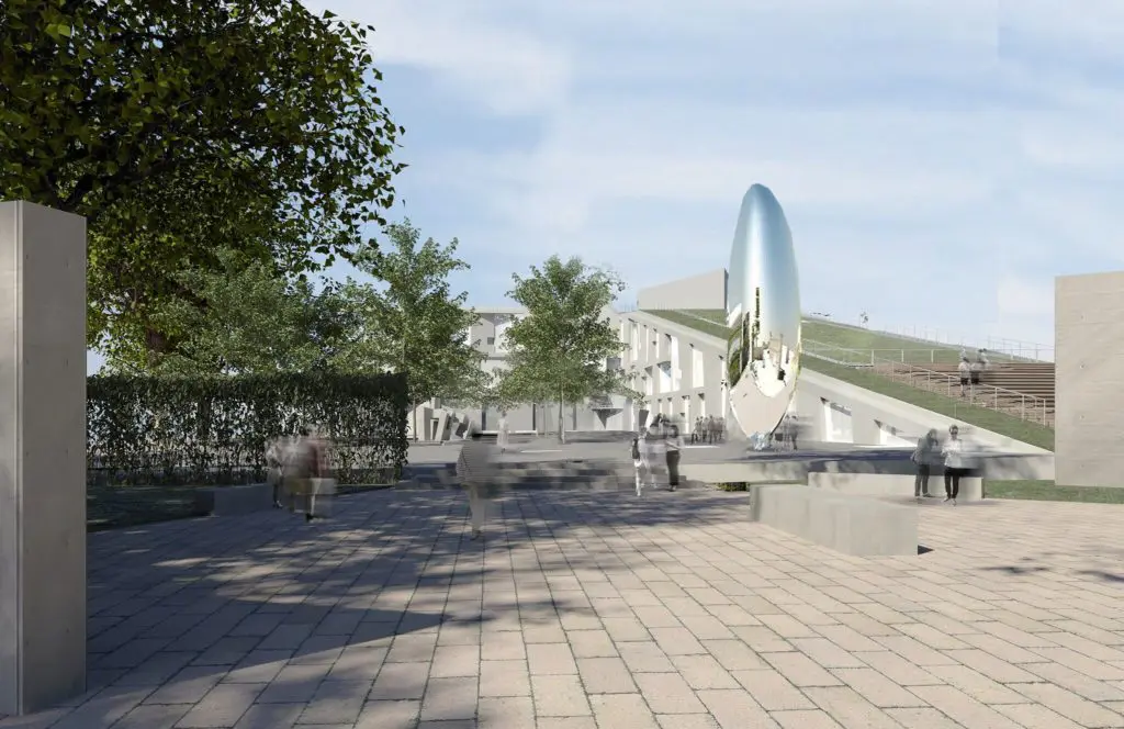 This rendering shows the upcoming look of the Glassell School of Art with Cloud Column in place. 