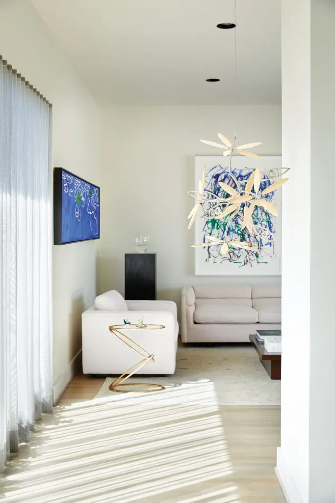 Brian Clarke’s "Water Lilies". Joan Mitchell’s diptych "Sunflowers II", 1992. James Surls’ "Untitled Sculpture", circa 2008. On stand, Ben Tyers’ "Breathe", 2009. Sofa and chair from estate of Starke Taylor.