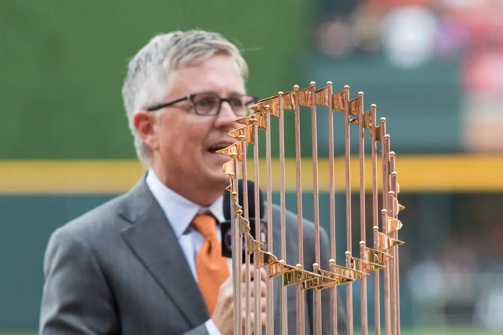 Houston Astros general manager Jeff Luhnow showed off the trophy and spoke before the game.