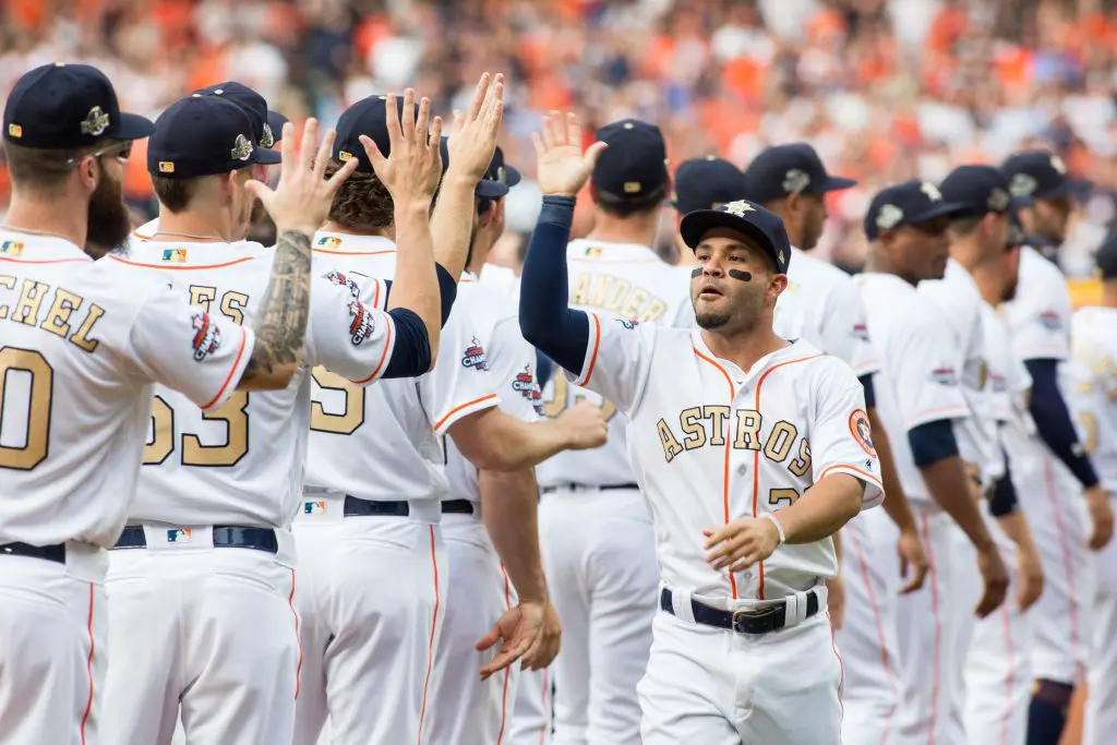 It was high fives all around for Jose Altuve on championship coronation day. (Photo by F. Carter Smith.)