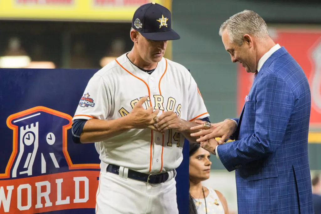 Houston Astros manager A.J. Hinch gets his World Series ring before the 2018 opener. (Photo by F. Carter Smith)