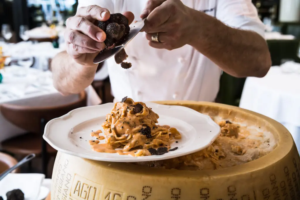Da Mario Table side Fettuccine alla Fiamma with Black Truffle. Photo Manny Rodriguez. 