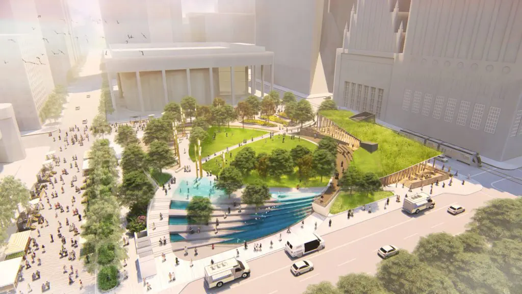 The new Jones Plaza will be much different (and actually welcoming) as this rendering from Rios Clemente Hale Studios shows.
