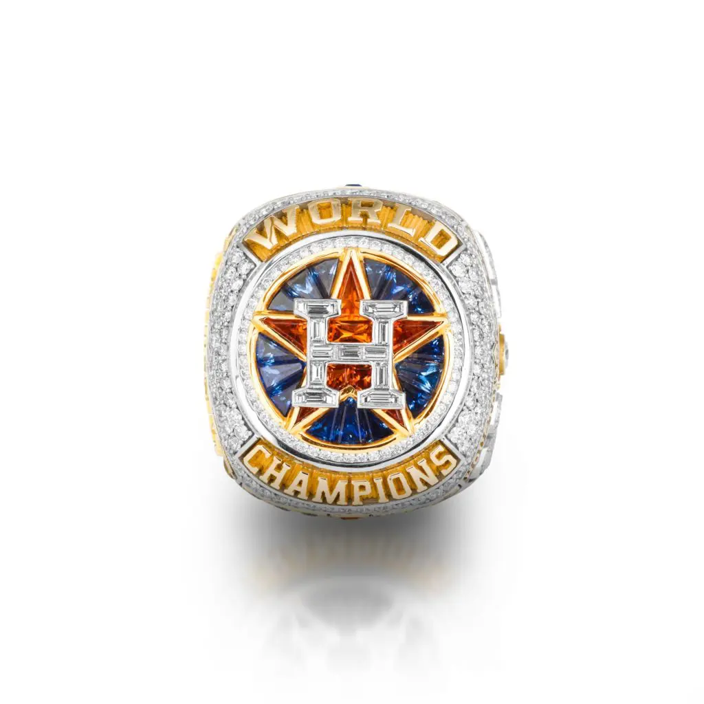 The Astros World Championship ring has 214 diamonds, 16 genuine blue sapphires and nine genuine orange sapphires.