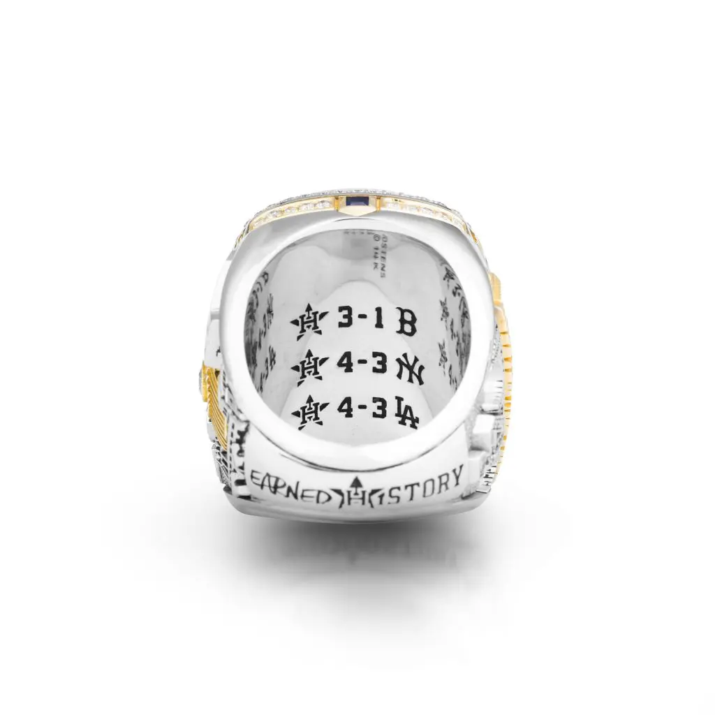 The inside of the Houston Astros' World Championship ring features the series tallies of their playoff run.