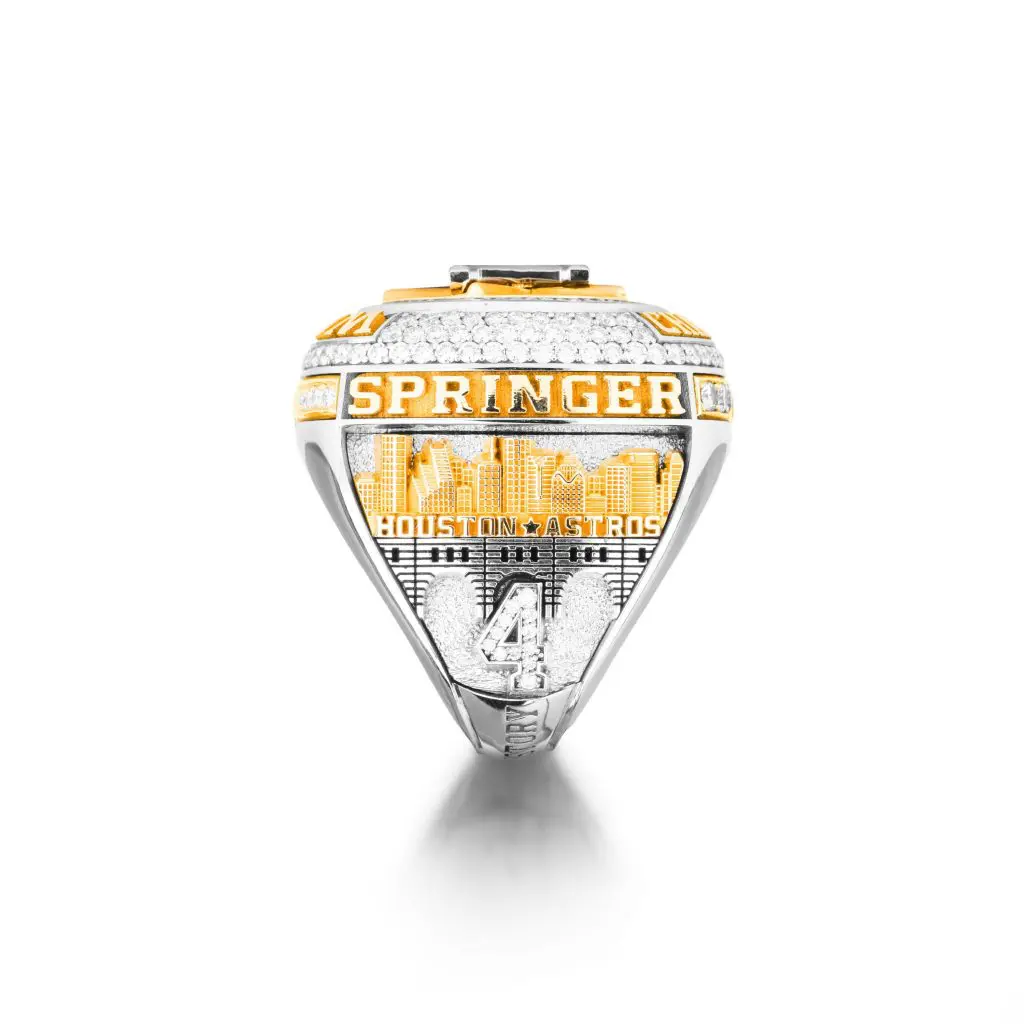 One side of the Houston Astros' World Championship ring features the player's name and number.