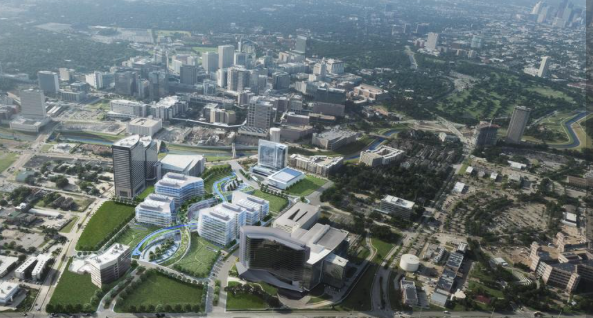 The collaborative research campus will look out over the Houston skyline and the Texas Medical Center. 