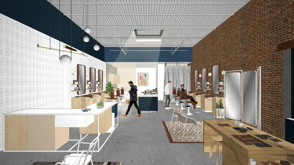 Sorek Barbershop & Menswear aims to be a consolidated grooming and styling experience. (Rendering by Michael Hsu Office of Architecture.)