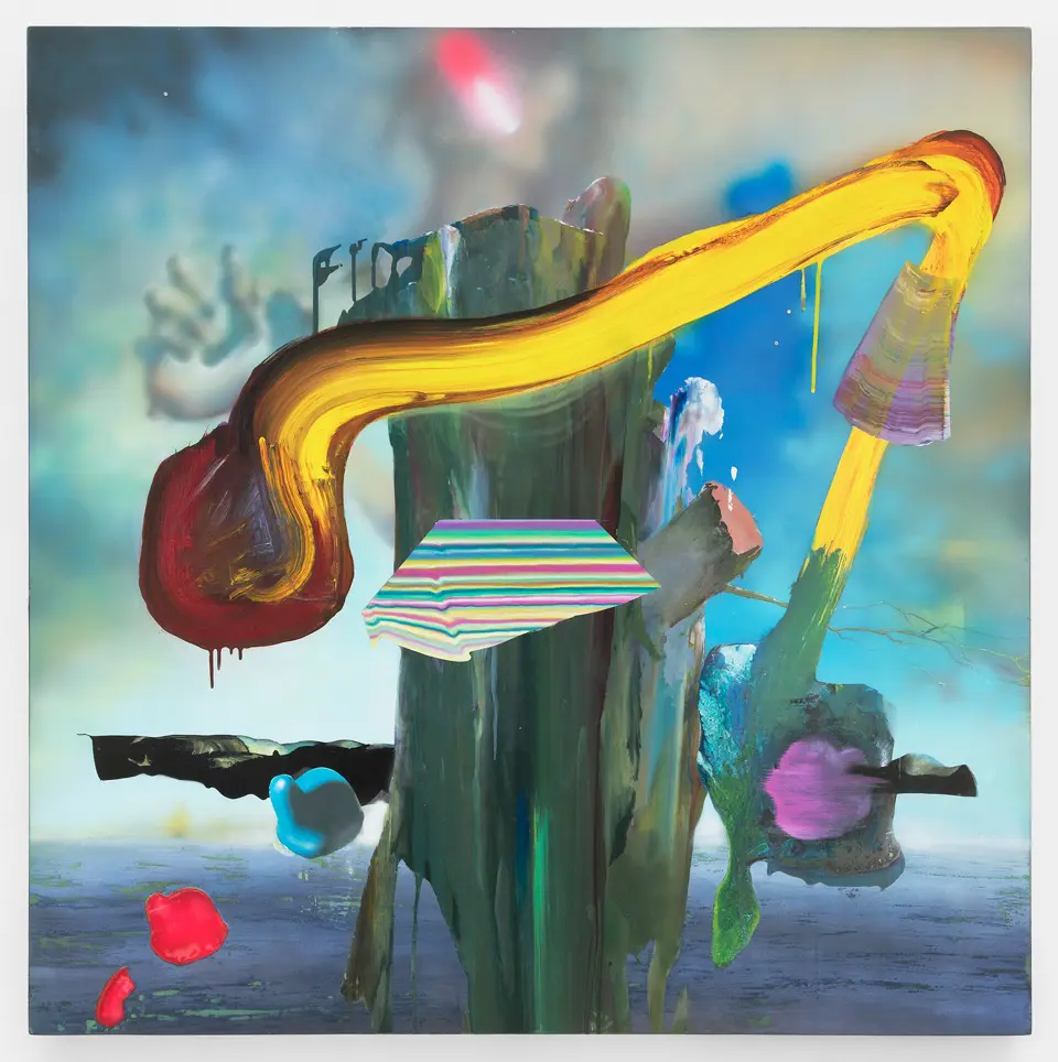 Tom LaDuke's mixed media and acrylic on canvas "Early Signs", 2016, was among Lisica's discoveries at Miles McEnery Gallery, in from New York. 