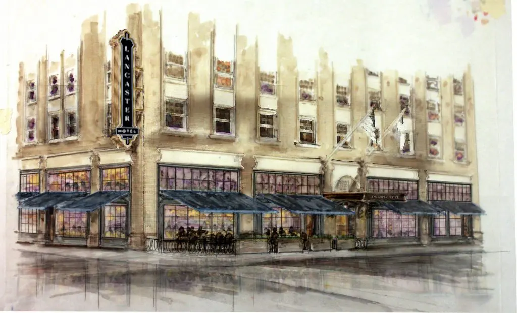 Magnolia Lodging, the hotel's new owner, has enlisted Dallas designer David Cadwallader of Cadwallader Design to reimagine The Lancaster's interiors and exteriors. Here, a rendering of the new restaurant's patio seating.