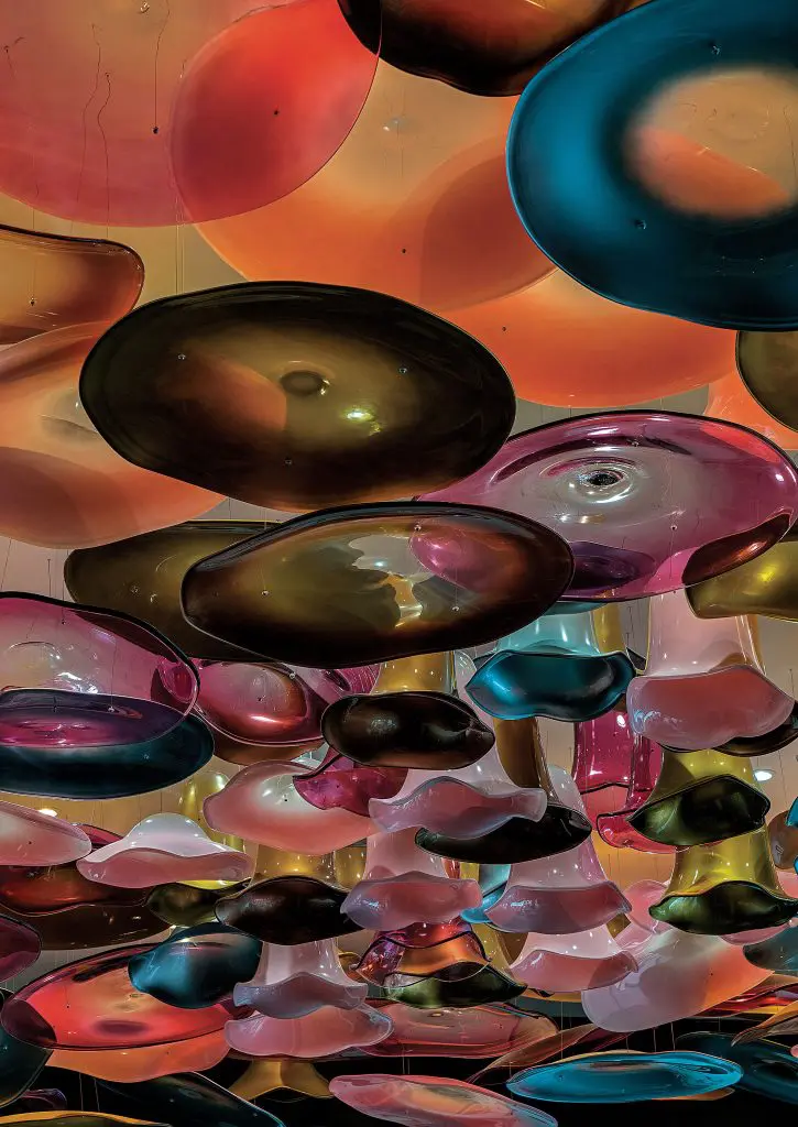 The ceiling of the Post Oak Hotel's new Bloom & Bee restaurant is striking.