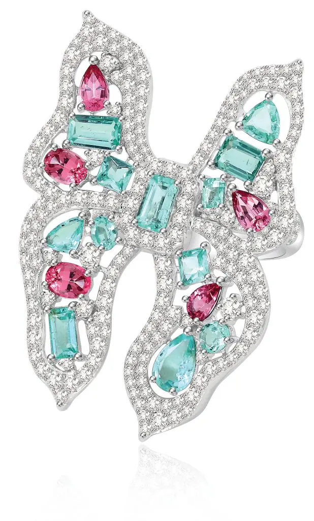 Sutra's Tilted Wings Paraiba and spinel Butterfly ring. The butterfly motif frequently appears in their collections, and alludes to the abundance of butterflies in the many gardens of India.