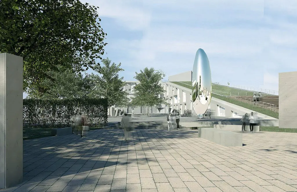 The walkable roofline of the Glassell School of Art. Foreground, the Brown Foundation, Inc. Plaza, devised by Deborah Nevins & Associates, in collaboration with Nevins & Benito Landscape Architecture.