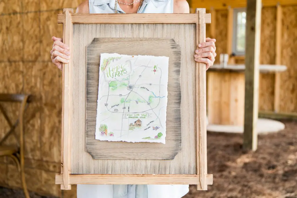 A watercolor map of the secret location Hope Farms by Nancy Bihlmaier of Nancy B Creative was emailed to guests the week of the event.