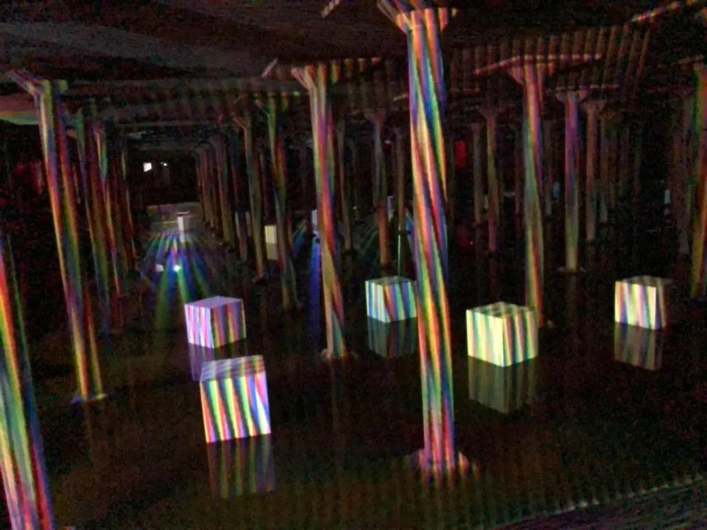 For his "Spatial Chromointerference," Carlos Cruz-Diez activated all 221 concrete columns of the Cistern, and also added 30 white boxes as elements for his light to be projected upon. Note the water below that serves as another focal point for reflected light rays. (Photo Sicardi | Ayers | Bacino Gallery)