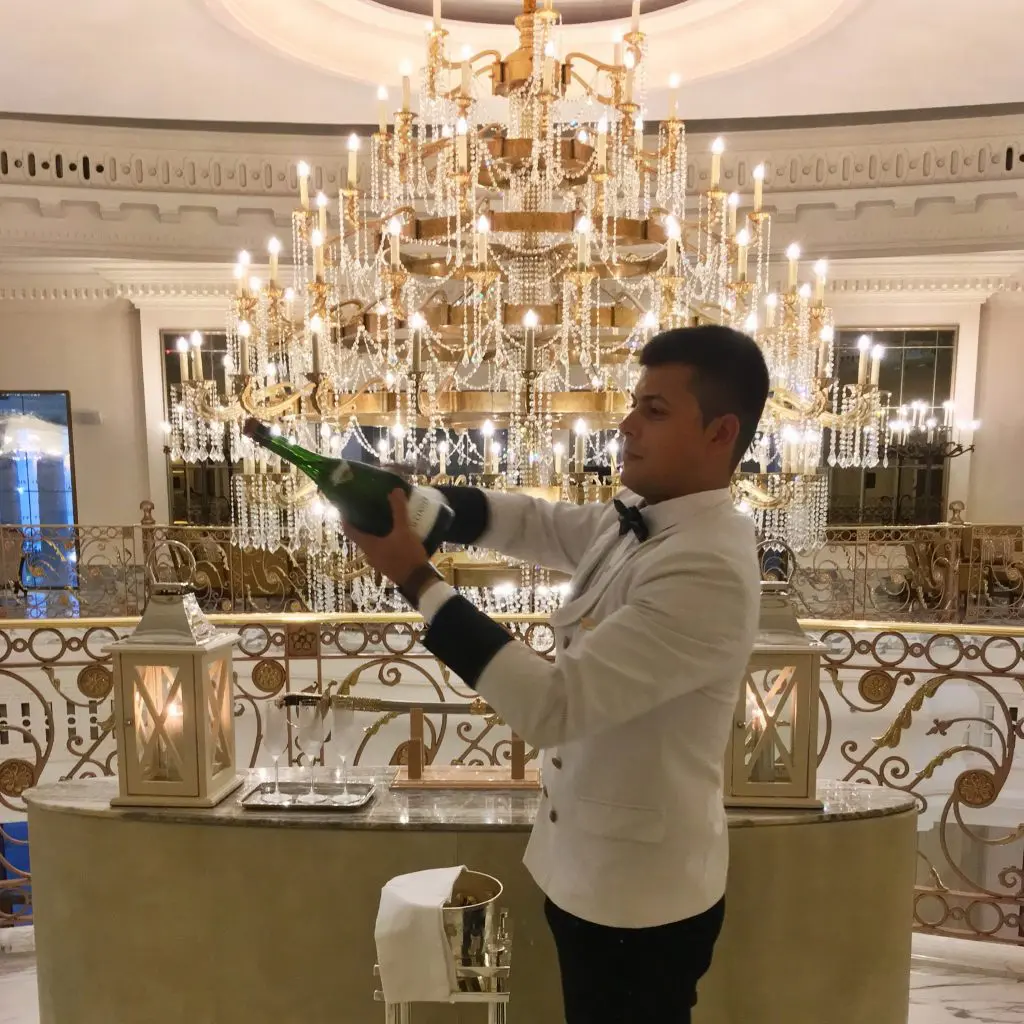 Sabering of a champagne bottle at the St. Regis. 
