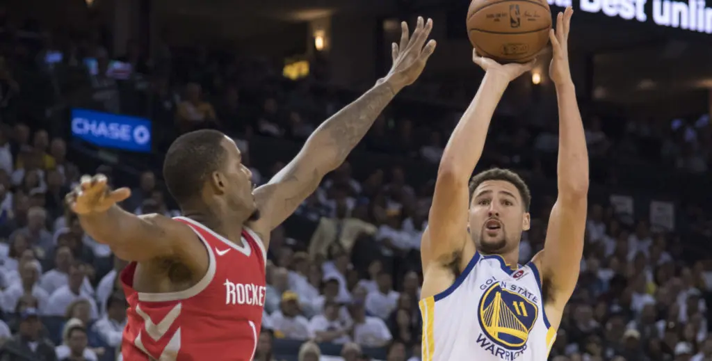 Klay Thompson was rarely challenged like this by Trevor Ariza in Game 1 of the Western Conference Finals.