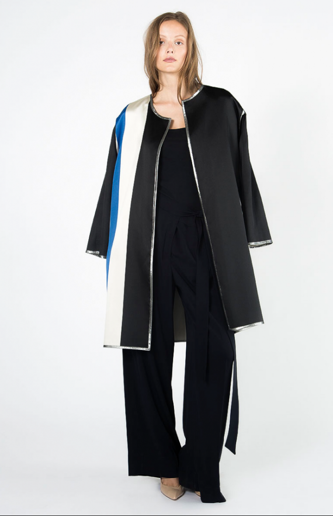 Daniel Wingate blue, white and black striped coat over black trousers and top