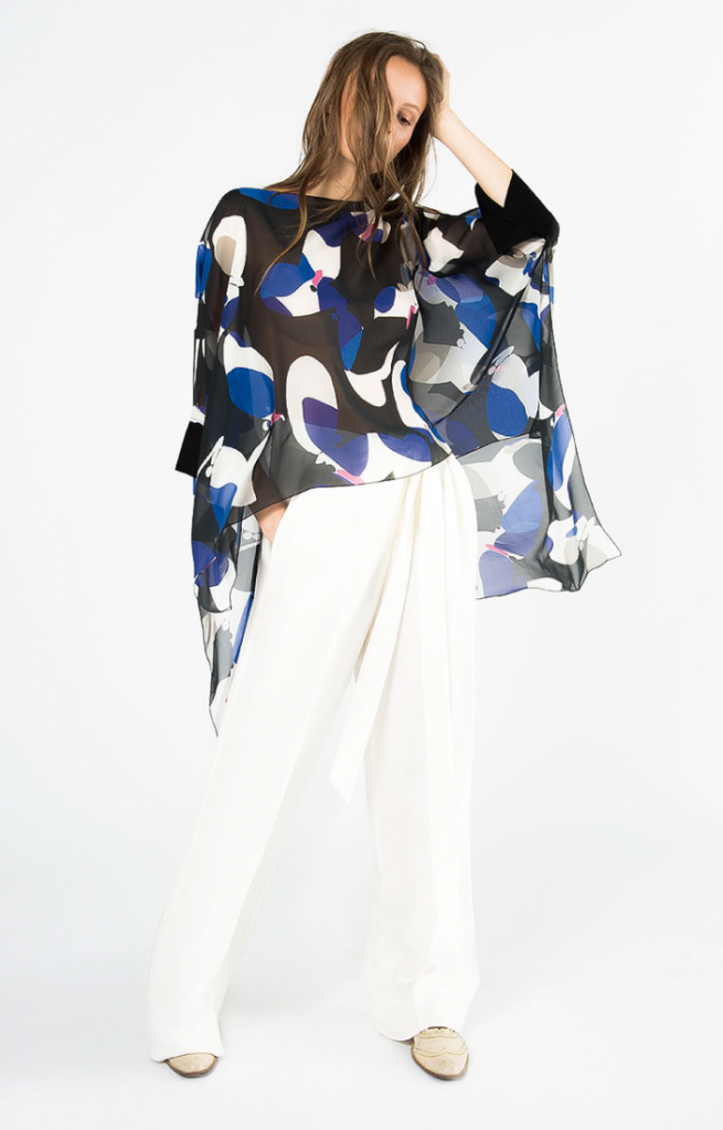 Daniel Wingate patterned blouse and white trousers