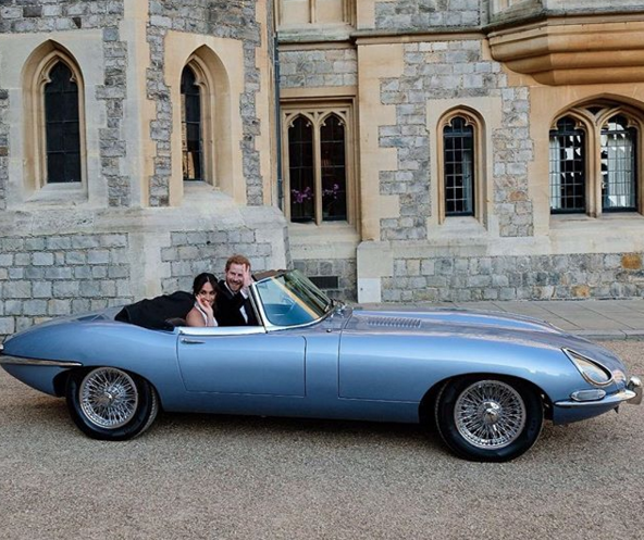 Prince Harry and Meghan Markle left the church in a vintage Jaguar. @theroyalfamily