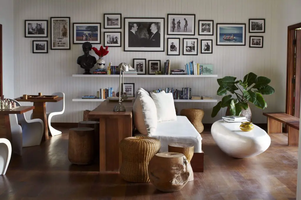 The reception lounge at GoldenEye is filled with Bond artifacts
