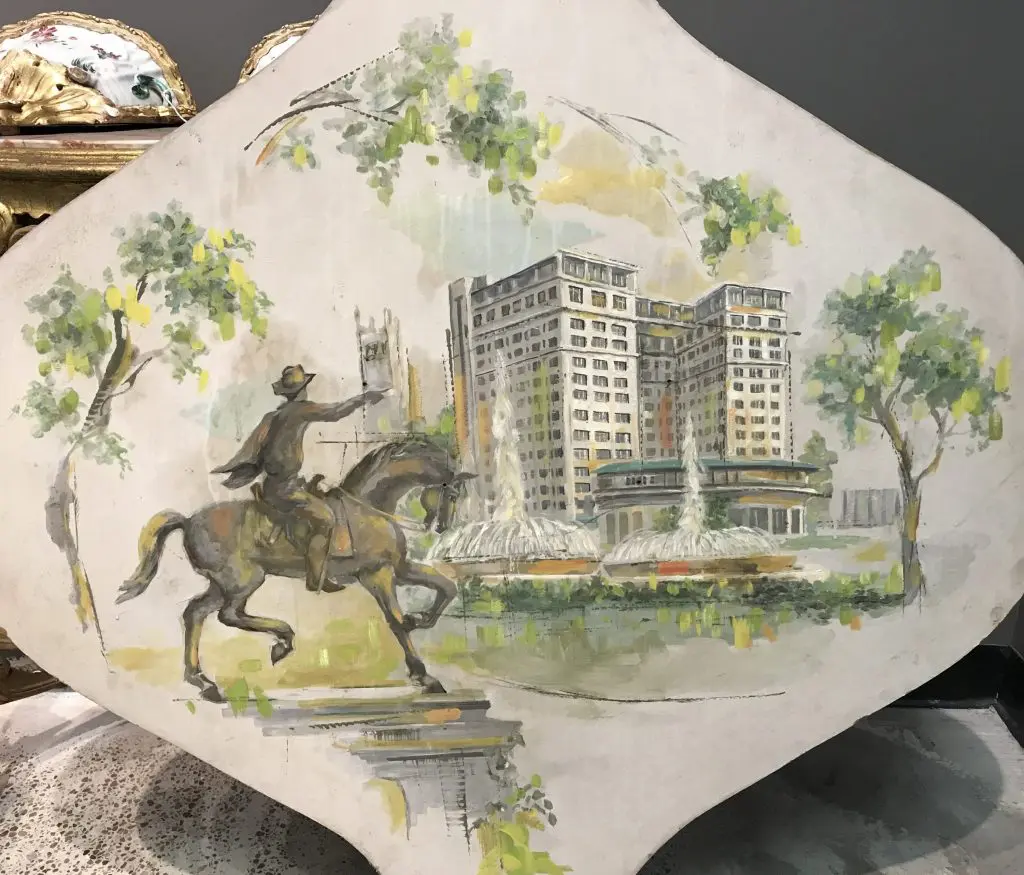 The Mecom Fountain and the Warwick were captured by a circa 1960s artist whose work was unsigned. Collection Mickey Rosmaring, offered at the retailer's upcoming estate sale.