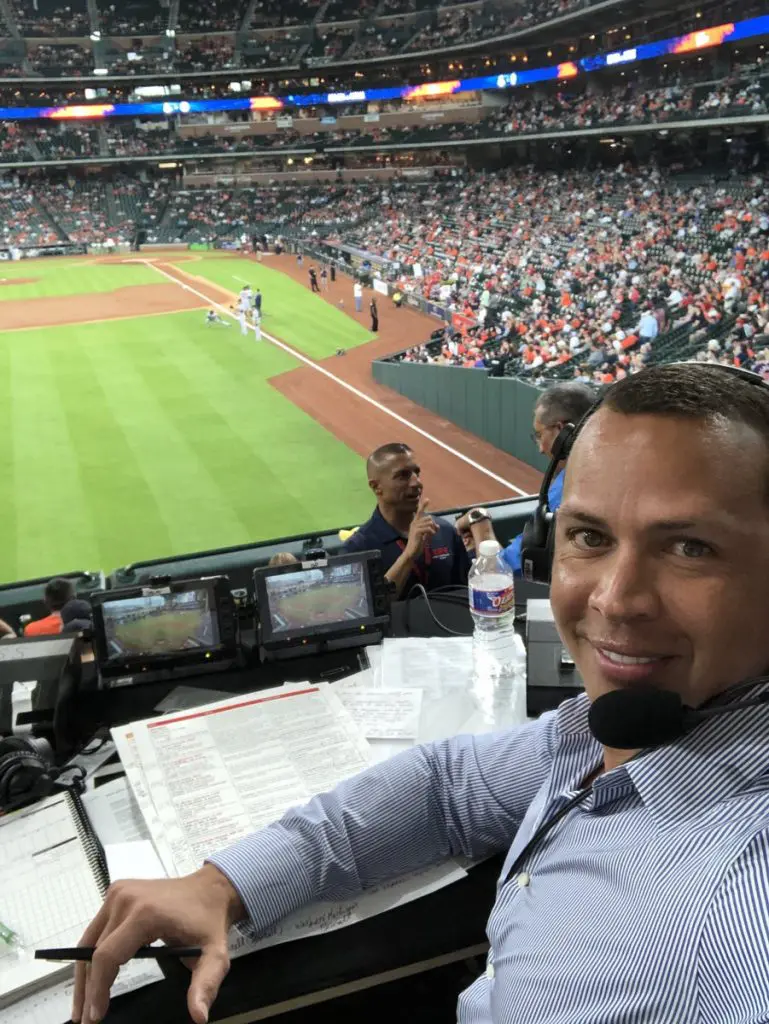 Alex Rodriguez broadcast the Sunday Night Baseball Game from the Minute Maid Park stands. And kept JLo close by. (@ARod)